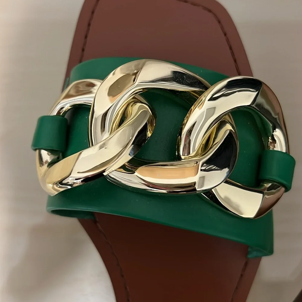 Zara Green Slide Sandals with Gold Chain - Picture 2 of 7